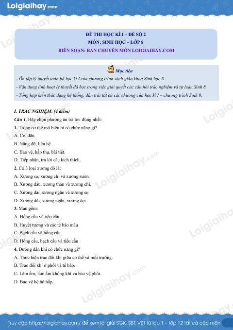 Đề số 2 - Đề kiểm tra học kì 1 - Sinh học 8